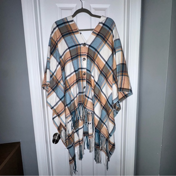 Matilda Jane Plaid Cream Blue Button Down Paige Ruana Shawl Poncho OS one size - Picture 3 of 10